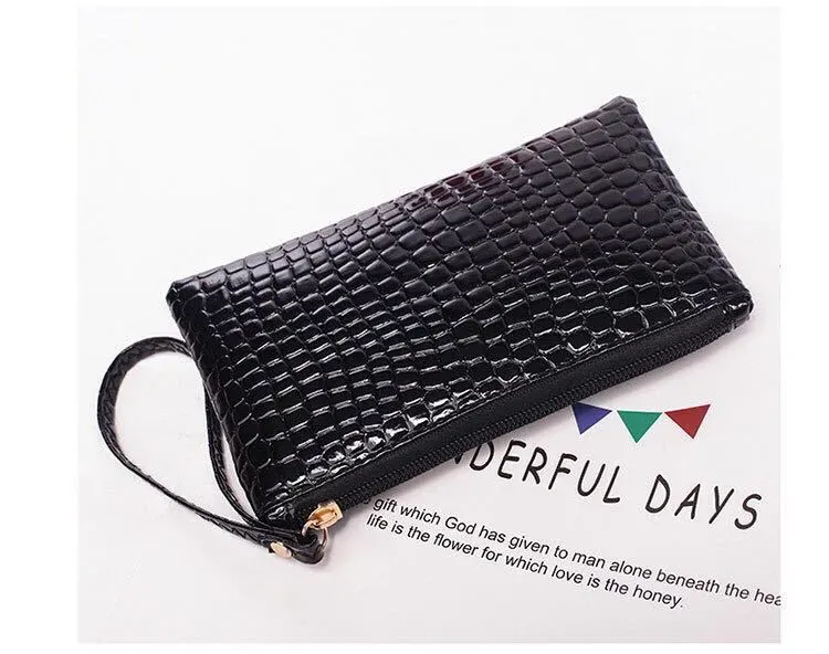 Women Simple Solid Color Stone Pattern Zipper Long Purses - Image 9