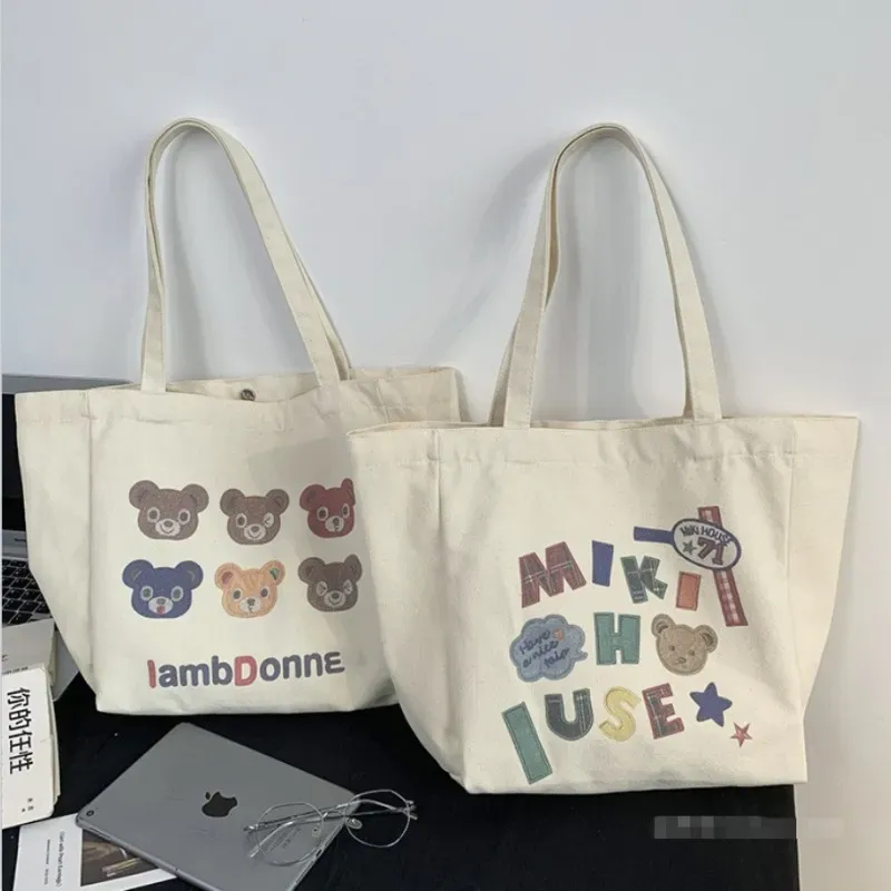 Women Cute Letter Bear Print Large Capacity Canvas Tote Bag
