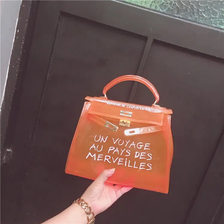 Women Fashion Letter Print Clear PVC Jelly Handbag - Image 8