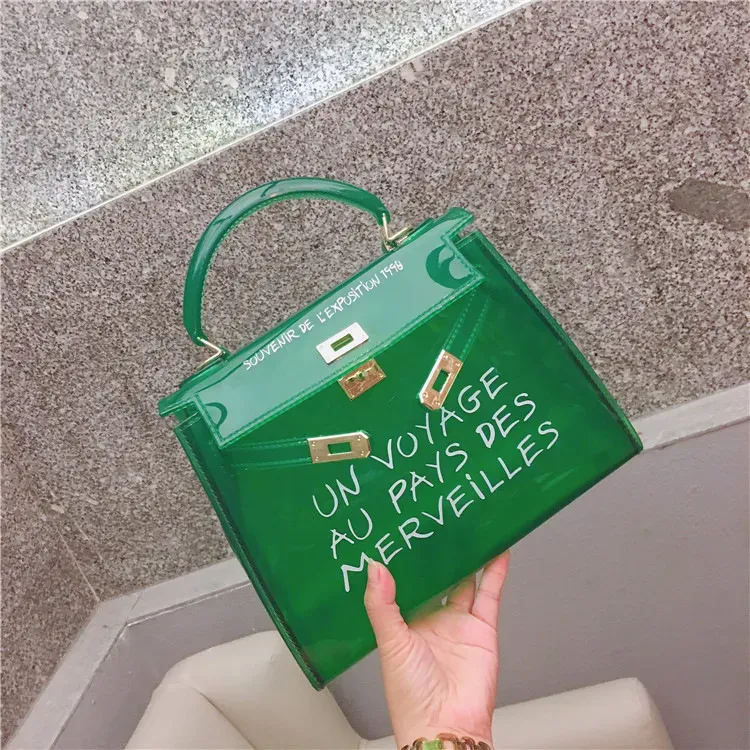 Women Fashion Letter Print Clear PVC Jelly Handbag - Image 9