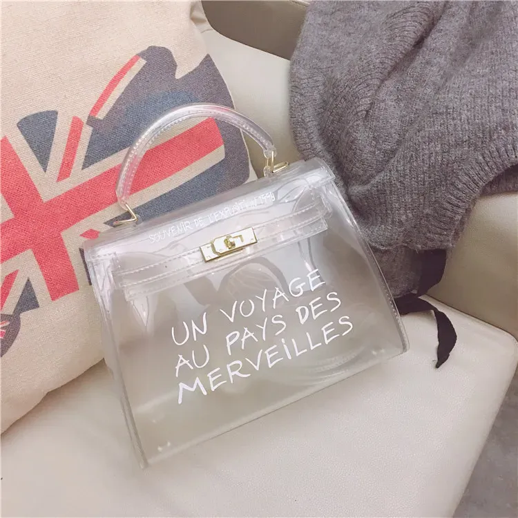 Women Fashion Letter Print Clear PVC Jelly Handbag - Image 10