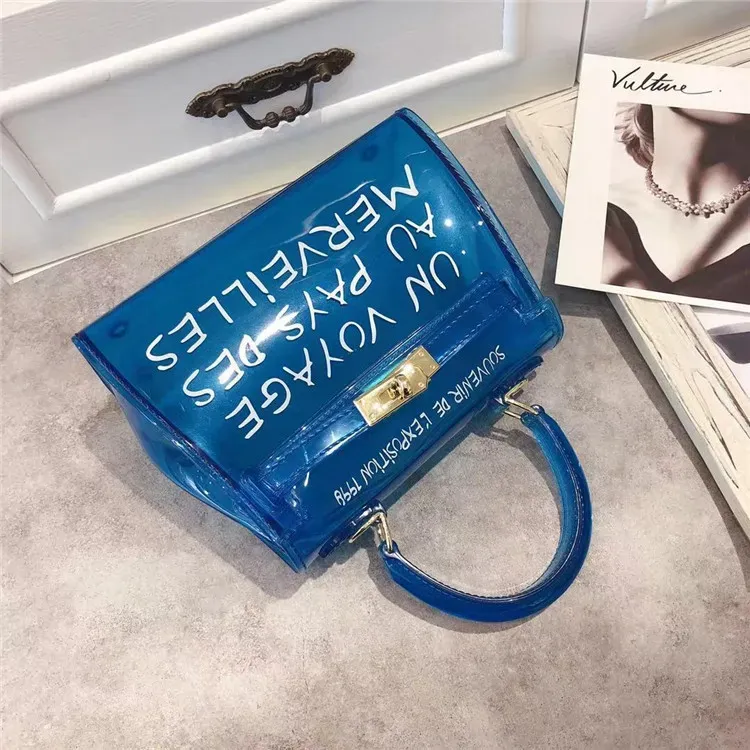 Women Fashion Letter Print Clear PVC Jelly Handbag - Image 12