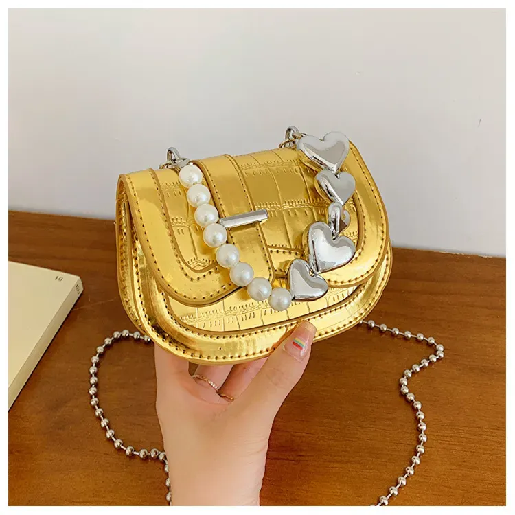 Summer Women Fashion Sequin Heart Pearl Chain Mini Crossbody Bag
