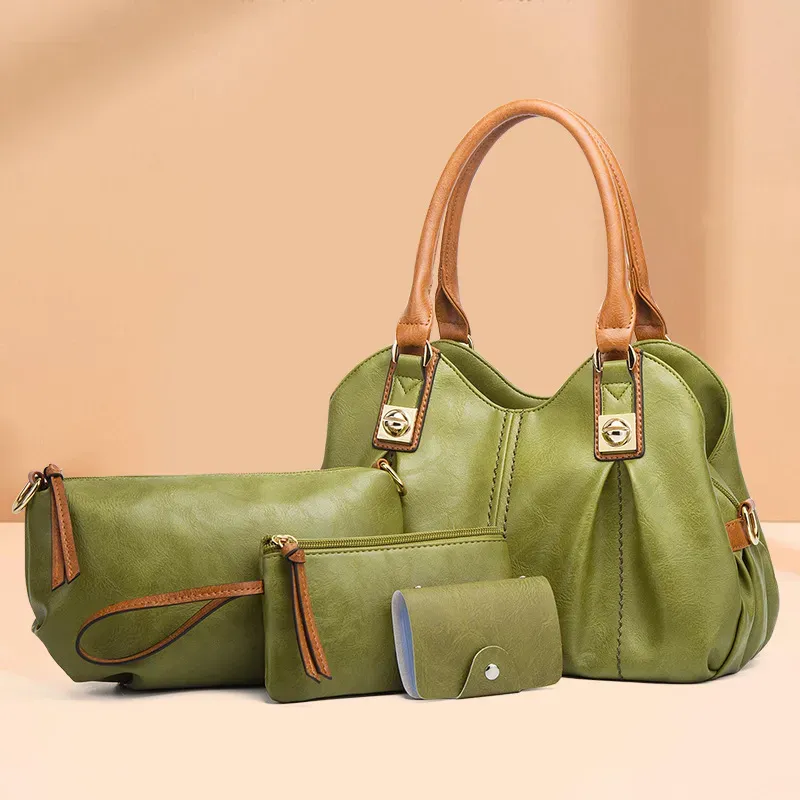 Women Fashion Retro Solid Color Large Capacity PU Wallet Handle Shoulder Bag Four-Piece Set