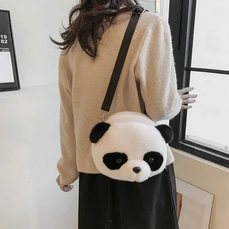 Women Simple Cute Plush Panda Head Crossbody Bag - Image 3