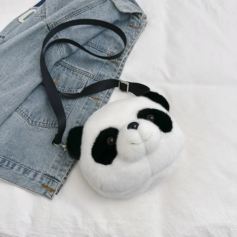 Women Simple Cute Plush Panda Head Crossbody Bag - Image 6