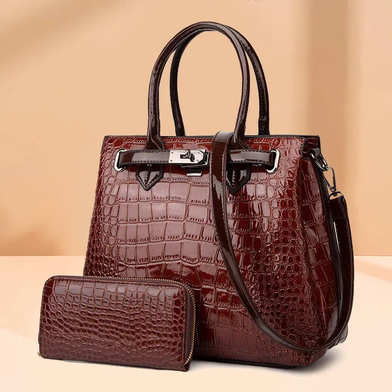 Women Fashionable Large Capacity Crocodile-Print Patent Leather Purses Handle Shoulder Bag Two-Piece Set