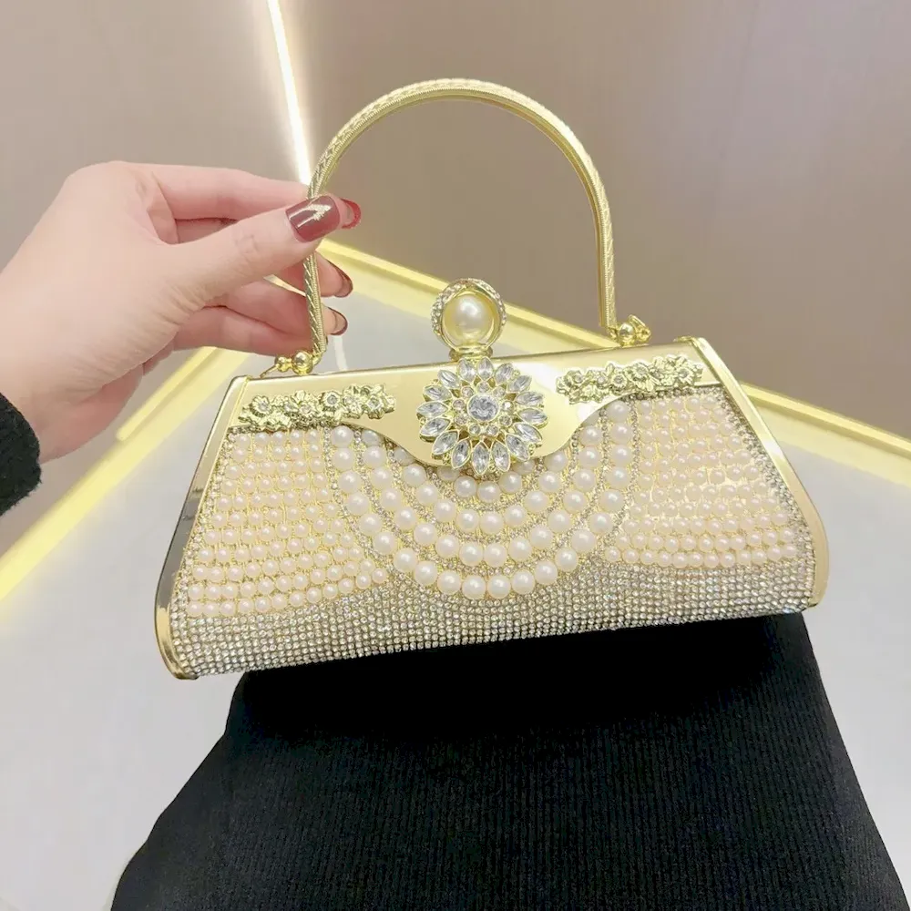 Women Fashion Elegant Pearl Rhinestone Handle Evening Bag