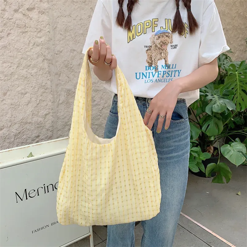 Women Simple Large Capacity Hollow-Out Plaid Canvas Shopping Bag - Image 4