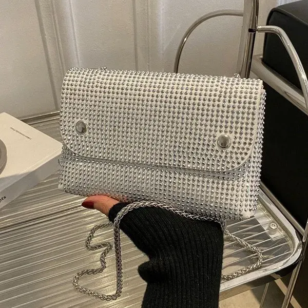 Women Fashion Square Flap Rhinestone Chain Crossbody Bag