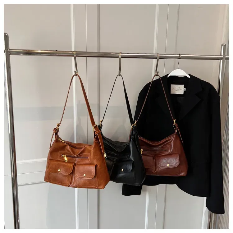 Women Retro Large Pocket Zipper Shoulder Bag - Image 4