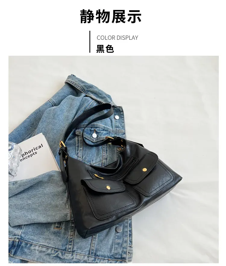 Women Retro Large Pocket Zipper Shoulder Bag - Image 6