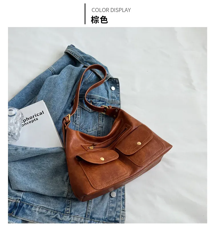 Women Retro Large Pocket Zipper Shoulder Bag - Image 7
