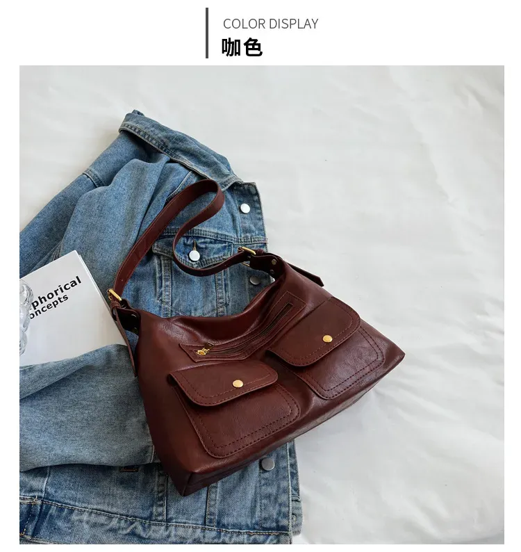 Women Retro Large Pocket Zipper Shoulder Bag - Image 8