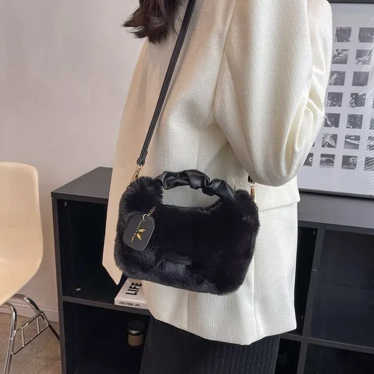 Women Simple Solid Color Plush Square Handle Crossbody Bag