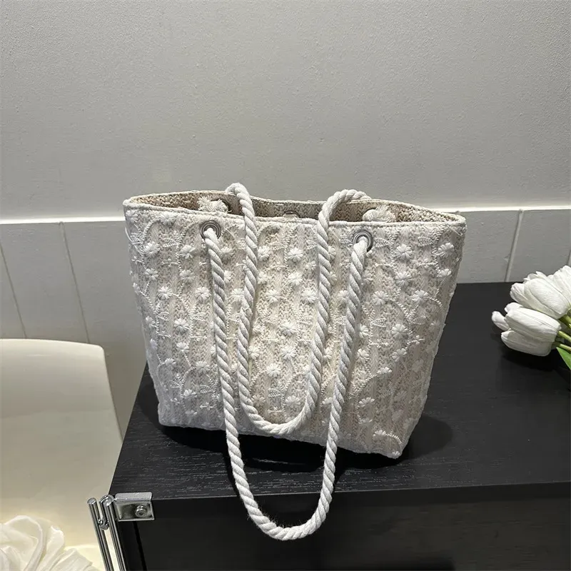 Women Fashion Casual Straw Woven Lace Floral Shoulder Tote Bag