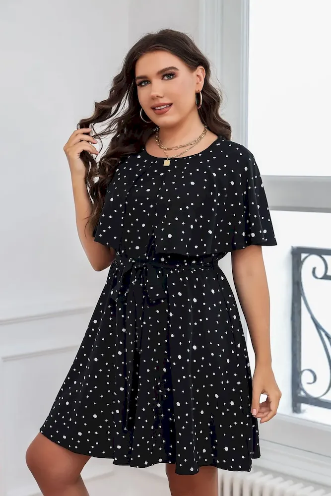 Summer Women Fashion Plus Size Polka Dot Print Short Sleeve Dress - Image 3