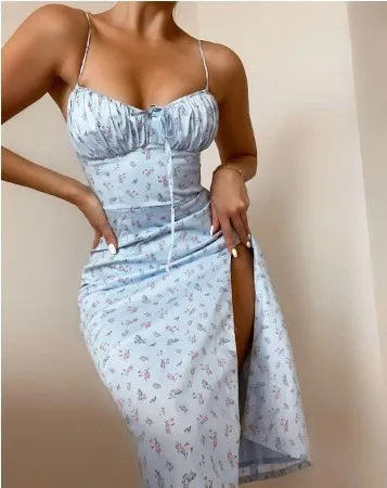 Summer Women Fashion Sexy Small Tiny Flower Print Sling Split Dress - Image 6