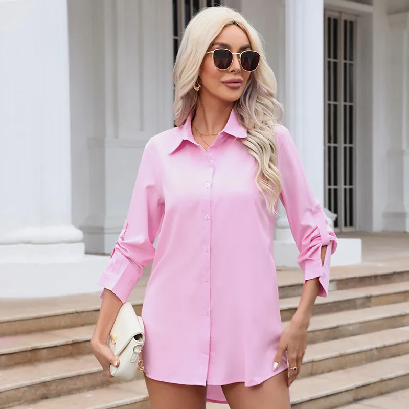 Women Fashion Solid Color Lapel Long Sleeve Blouses