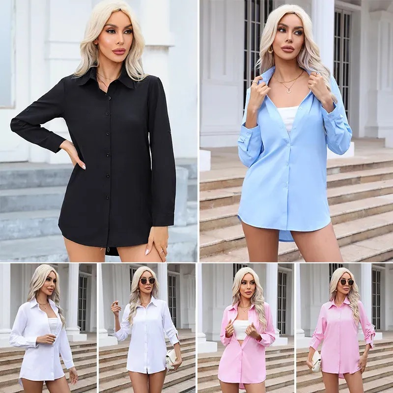 Women Fashion Solid Color Lapel Long Sleeve Blouses - Image 3