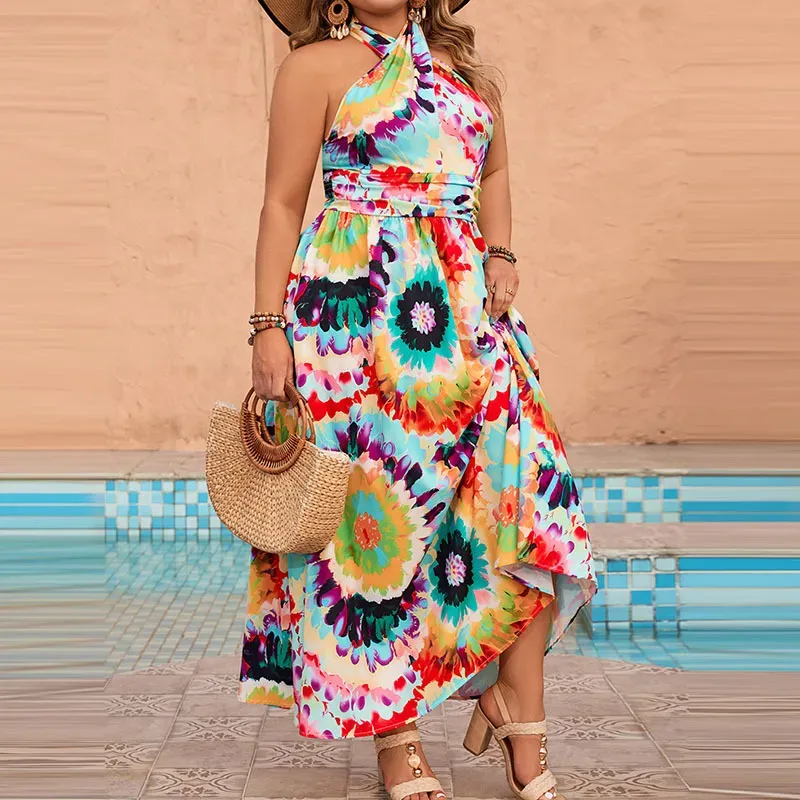 Summer Women Fashion Bohemian Beach Vacation Halter Neck Graphic Printing Plus Size Dress