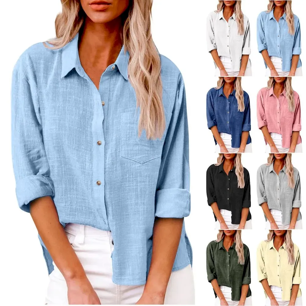 Women Casual Solid Color Cotton Linen Blouses
