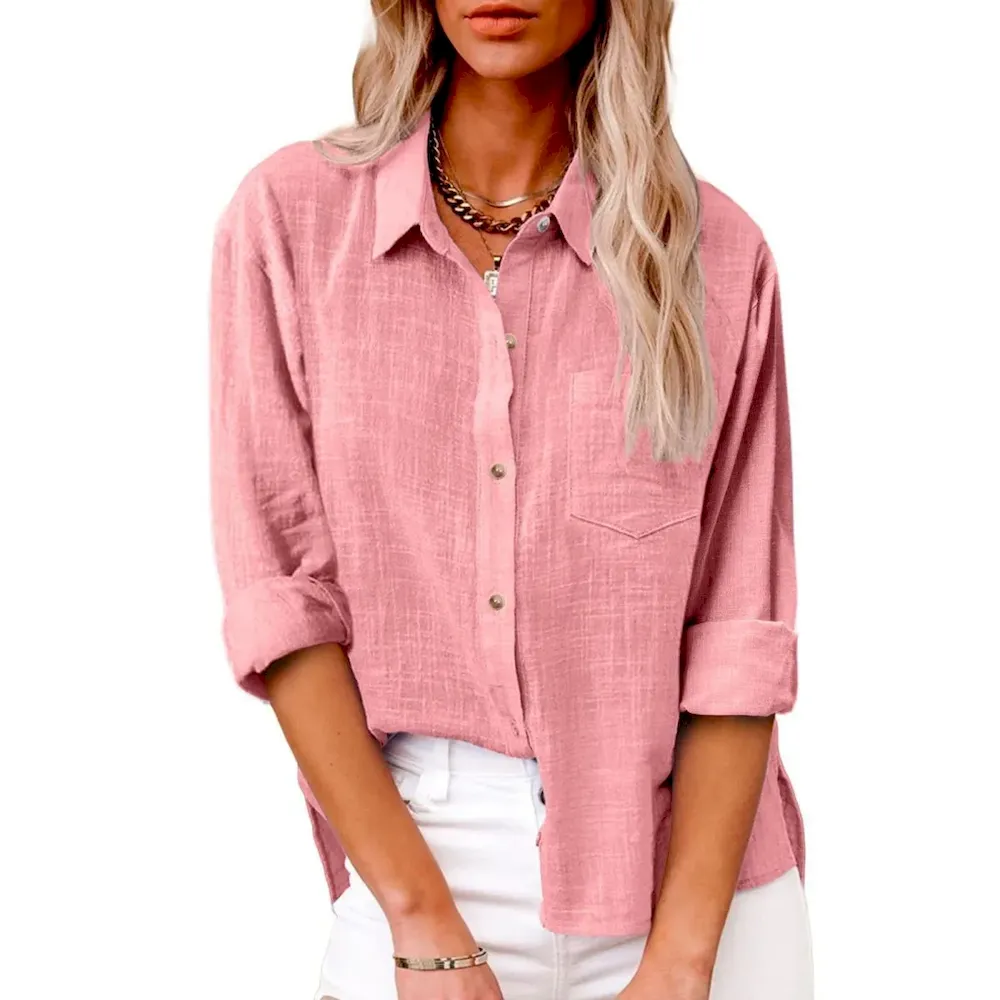 Women Casual Solid Color Cotton Linen Blouses - Image 11