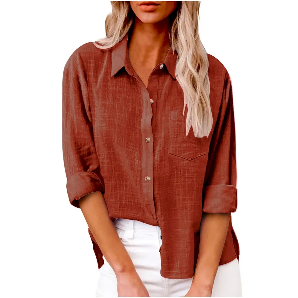 Women Casual Solid Color Cotton Linen Blouses - Image 17