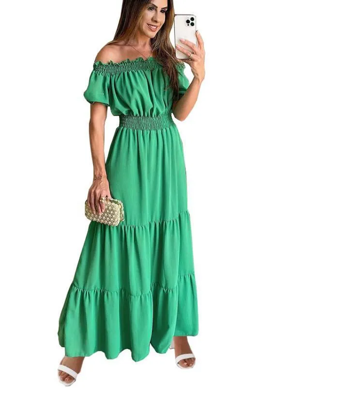 Summer Women Fashion Casual Solid Color Off Shoulder Short Sleeve Maxi Dress - Image 6