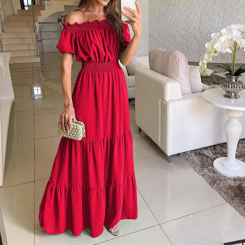 Summer Women Fashion Casual Solid Color Off Shoulder Short Sleeve Maxi Dress - Image 9