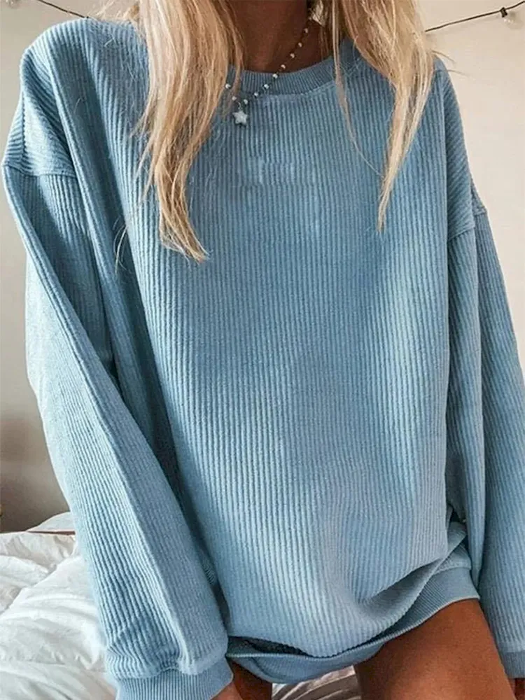 Women Casual Solid Color Crewneck Long Sleeve Blank Sweatshirt - Image 2