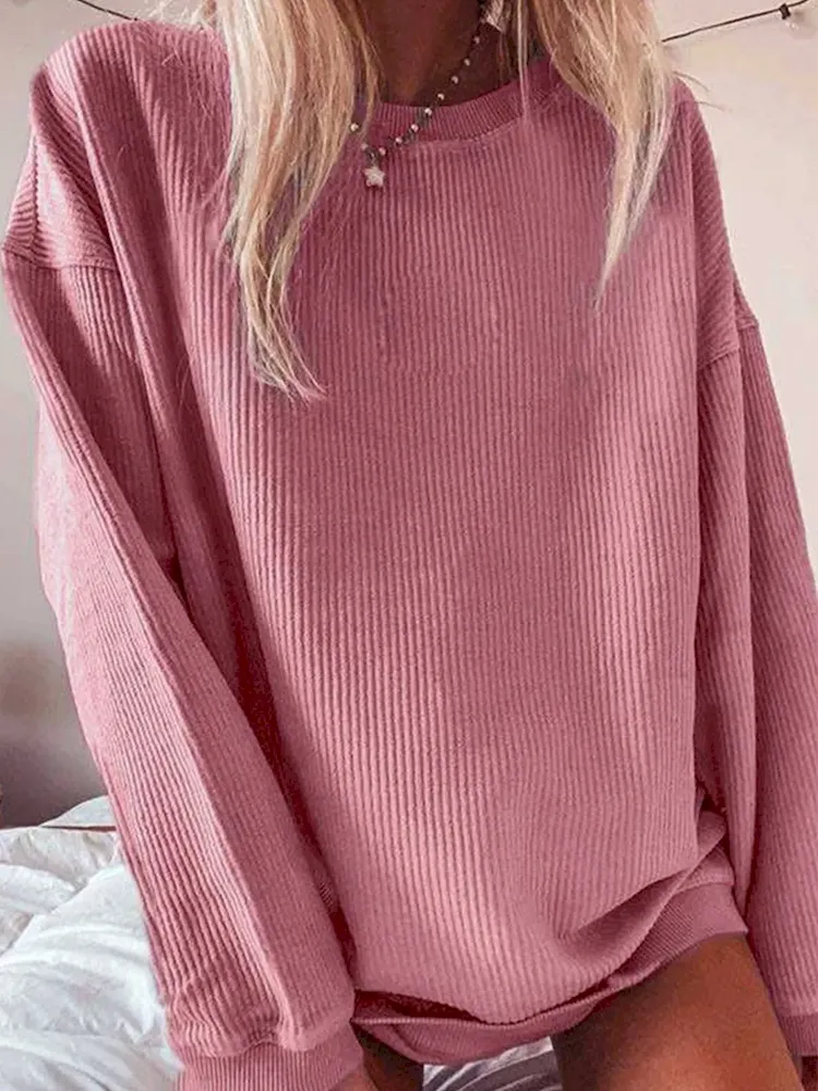 Women Casual Solid Color Crewneck Long Sleeve Blank Sweatshirt - Image 3