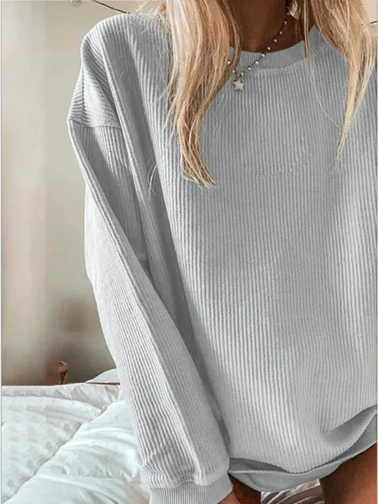 Women Casual Solid Color Crewneck Long Sleeve Blank Sweatshirt - Image 5
