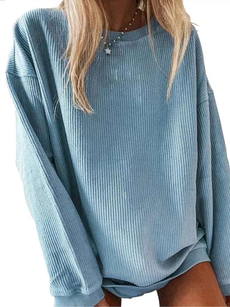 Women Casual Solid Color Crewneck Long Sleeve Blank Sweatshirt - Image 11