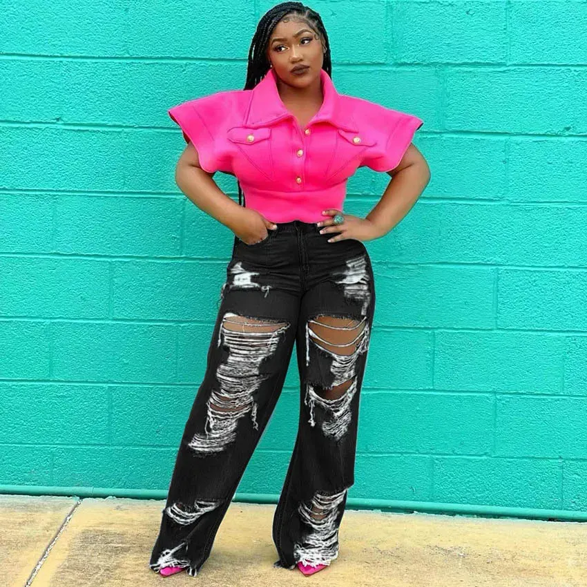 Women Fashion Loose Ripped Jeans