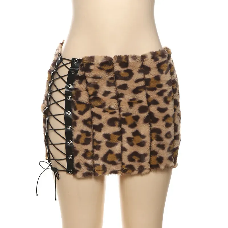 Autumn Winter Women Fashion Sexy Leopard Side Lace-Up High Waist Plush Mini Skirt - Image 6