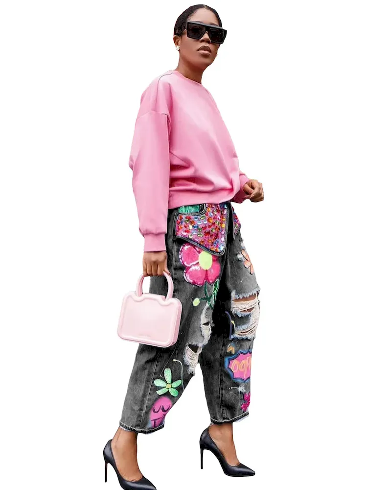 Street Fashion Women Heart Floral Print Rhinestone Ripped Loose Jeans - Image 4