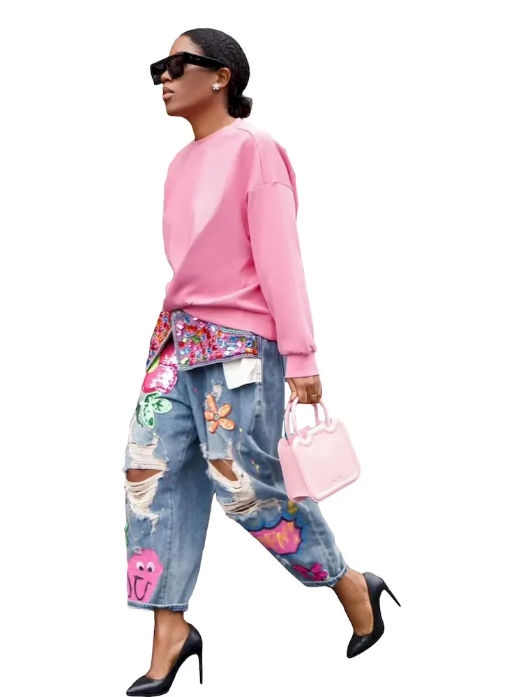 Street Fashion Women Heart Floral Print Rhinestone Ripped Loose Jeans - Image 5