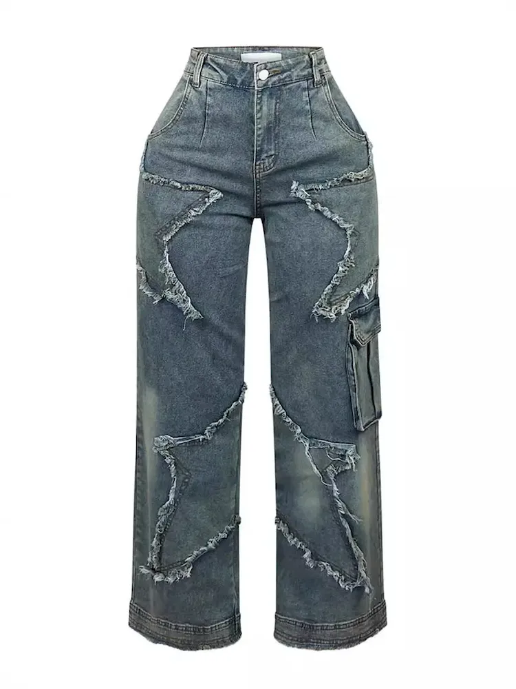 Women Vintage Autumn And Winter Star Tassel Fringe Loose Straight Casual Jeans - Image 4