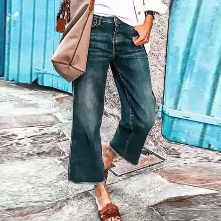 Women Fashion Basic Straight Denim Pants Cotton Mid-Waist Black Washed Jeans