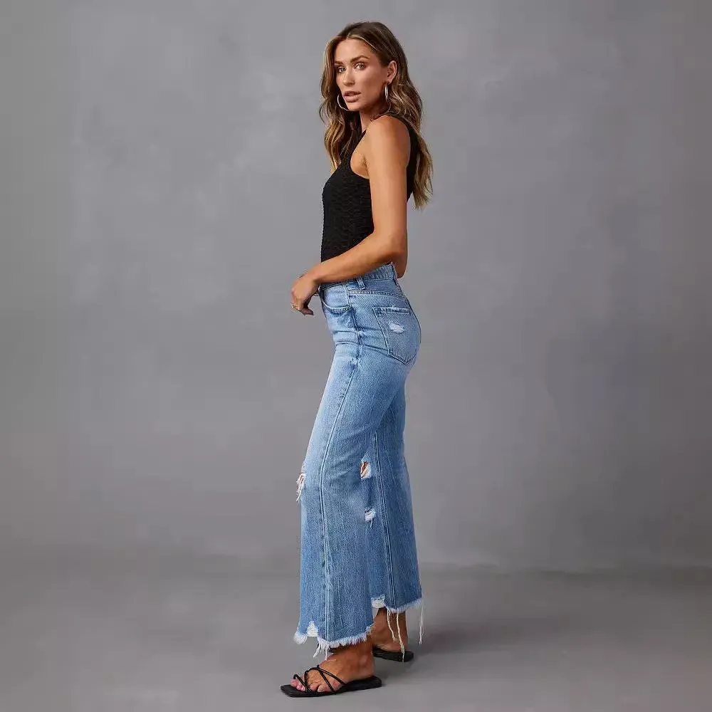 Women Casual Ripped High-Waist Straight Raw Hem Jeans - Image 3