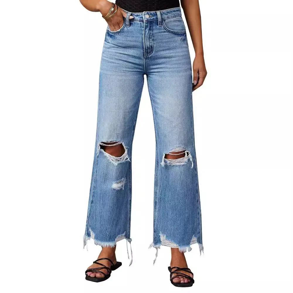 Women Casual Ripped High-Waist Straight Raw Hem Jeans - Image 5