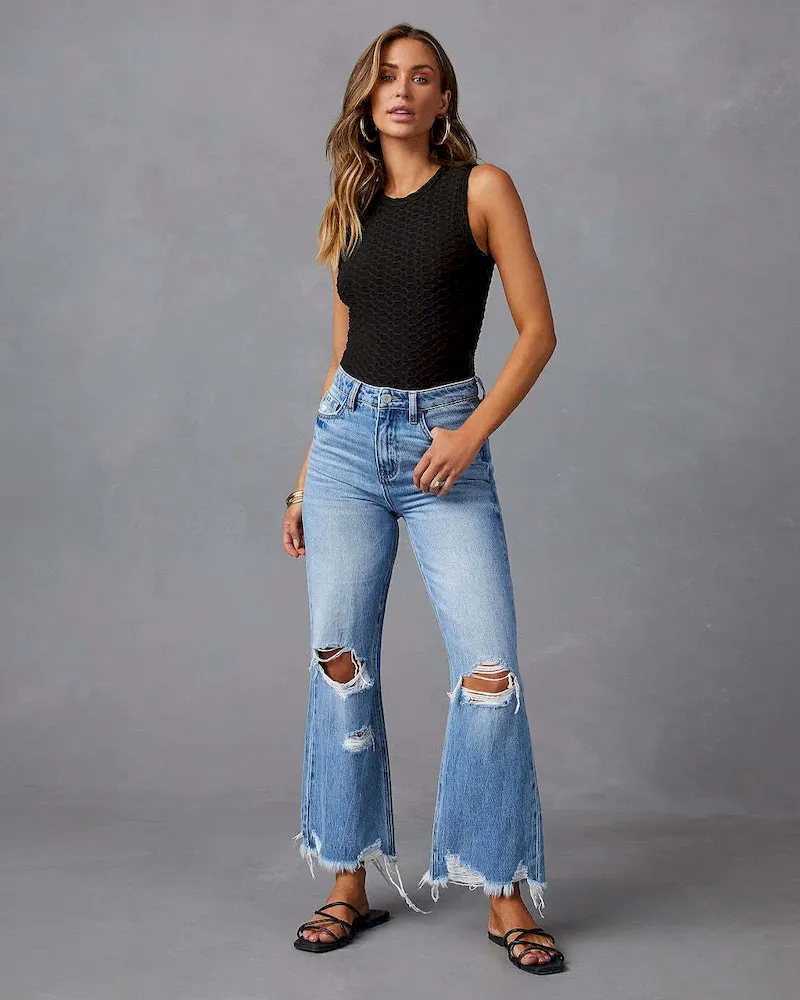 Women Casual Ripped High-Waist Straight Raw Hem Jeans - Image 6