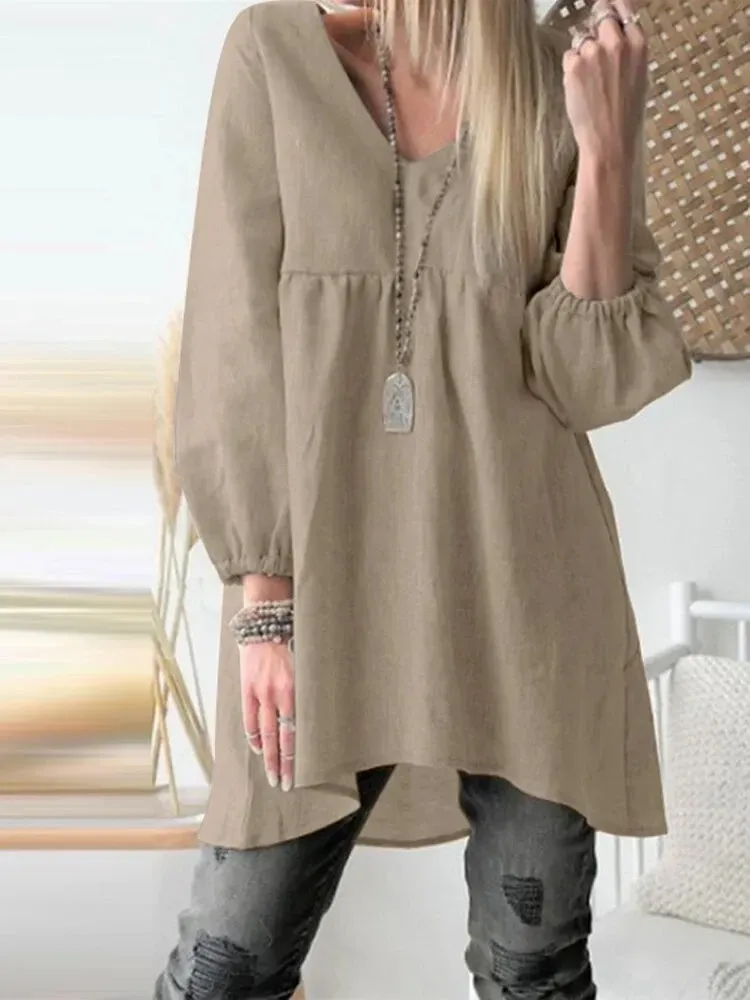 Women Casual Solid Color V-Neck Puff Sleeve Shirt Top - Image 3