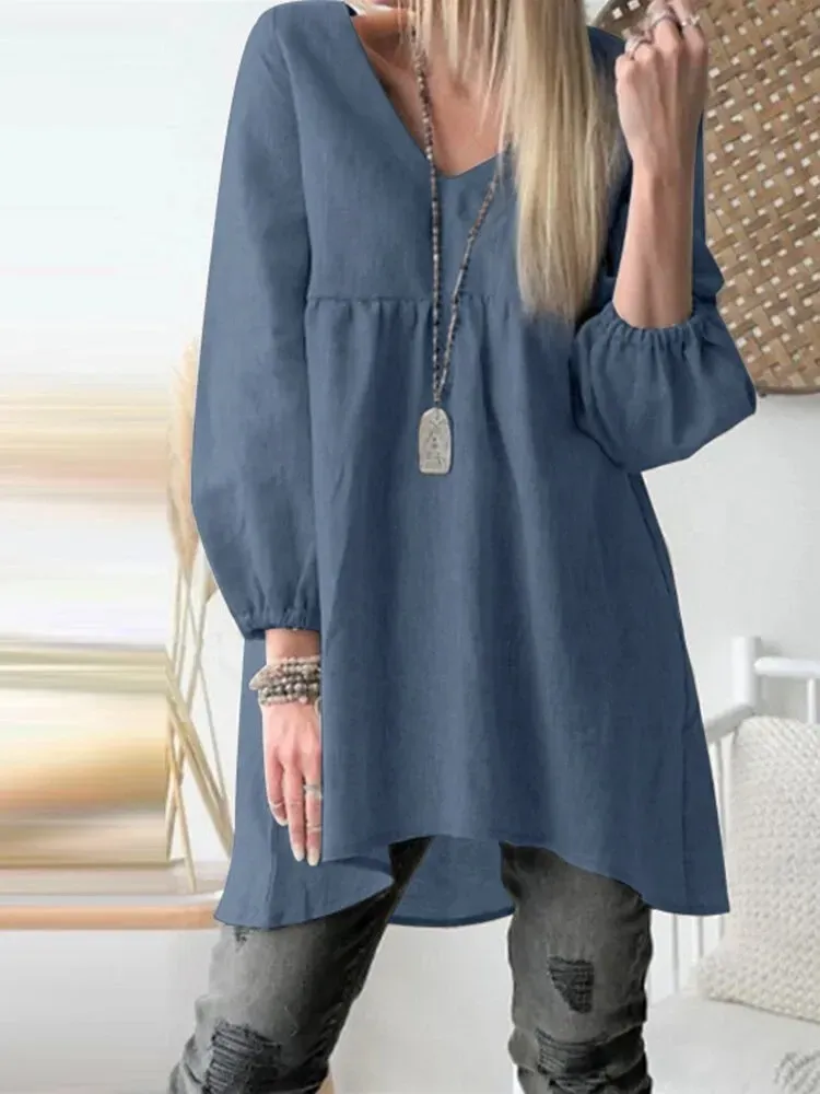 Women Casual Solid Color V-Neck Puff Sleeve Shirt Top - Image 4