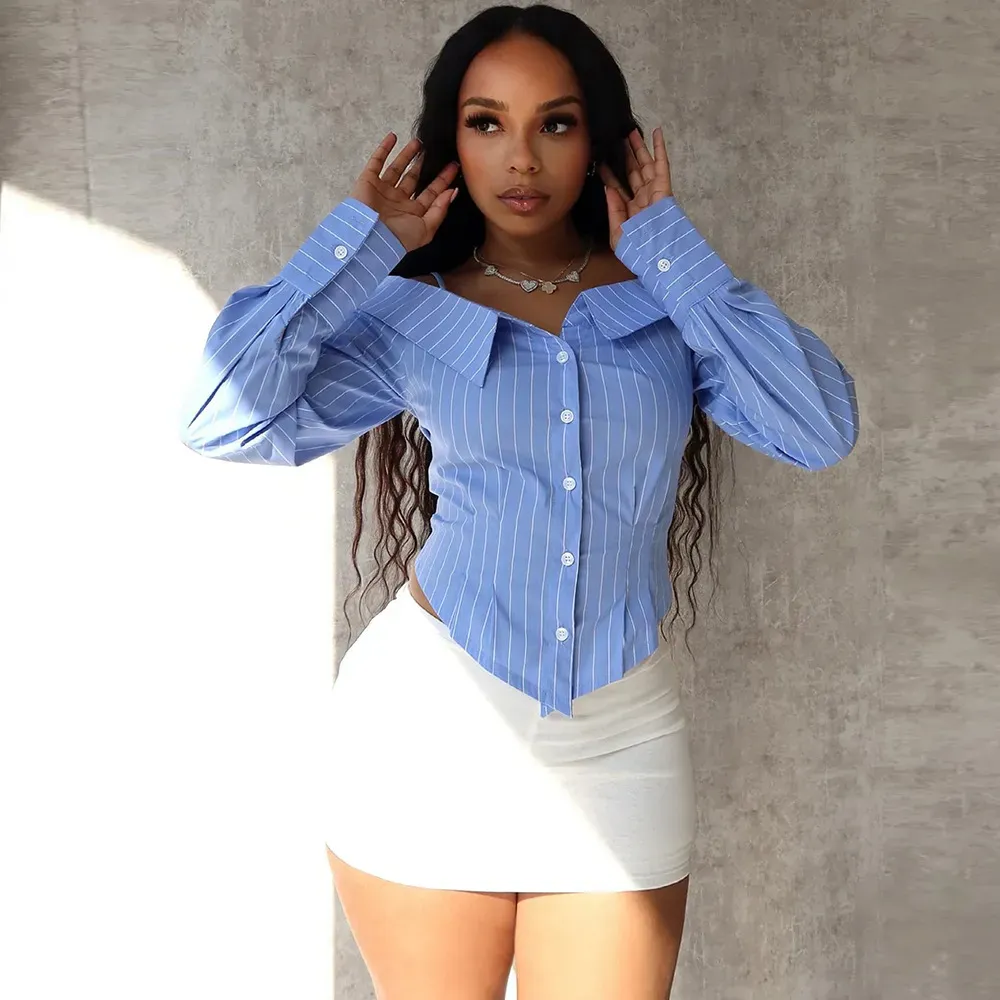 Women Fashion Stripe Long Sleeve Button Off-Shoulder Shirt Top