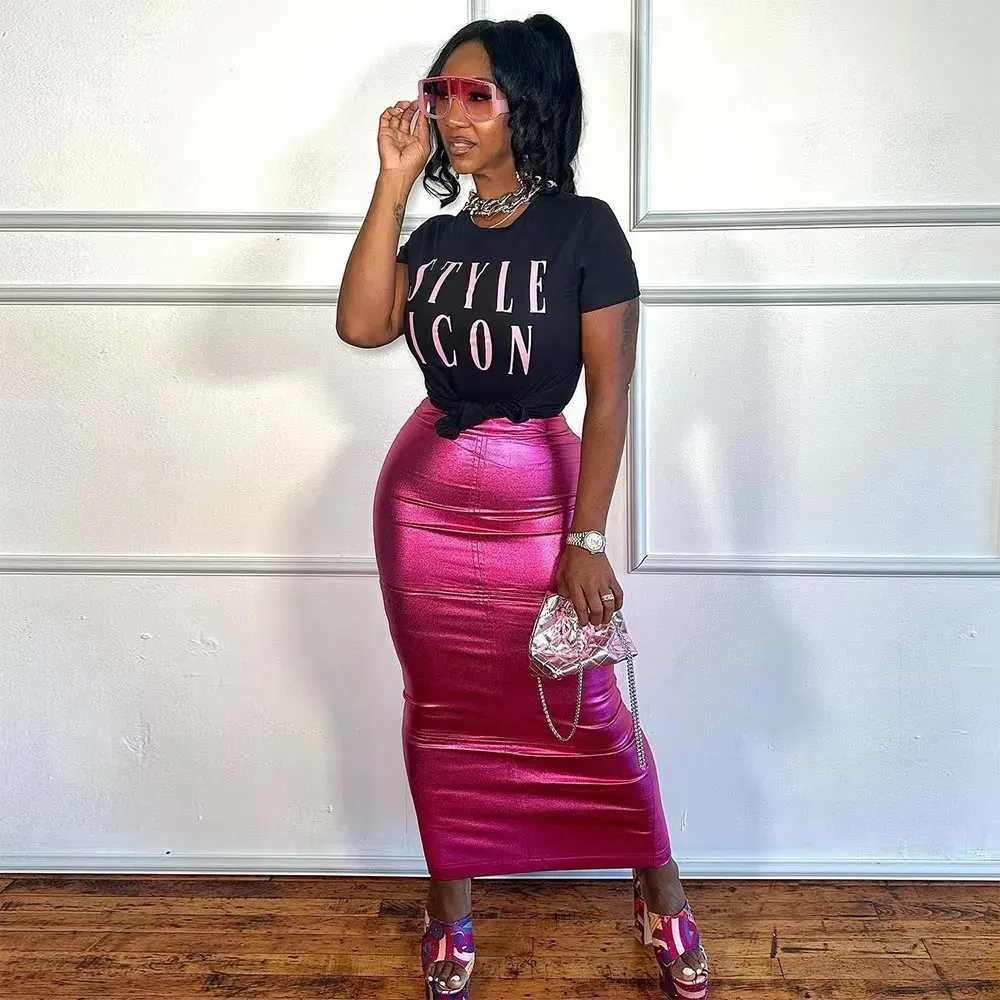 Women Fashion Solid Color Split Faux Leather Skirt - Image 4