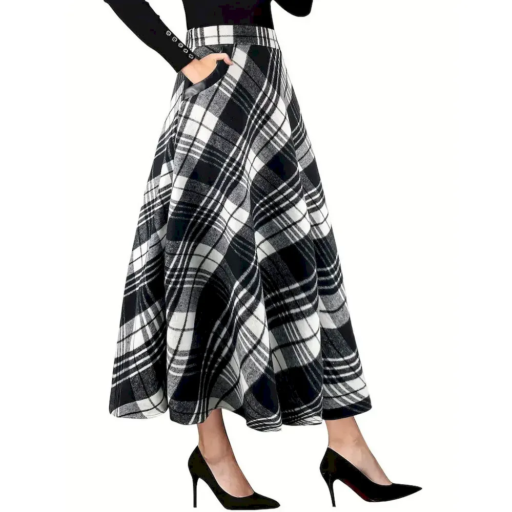 Women Elegant Black White Plaid Woolen Loose Skirt