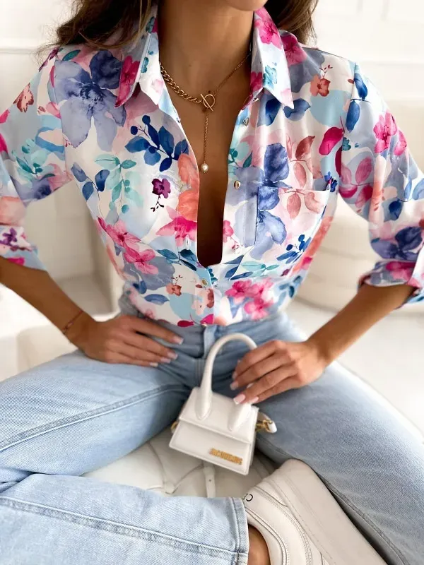 Summer Women Fashion Floral Print Lapel Long Sleeve Shirt - Image 3