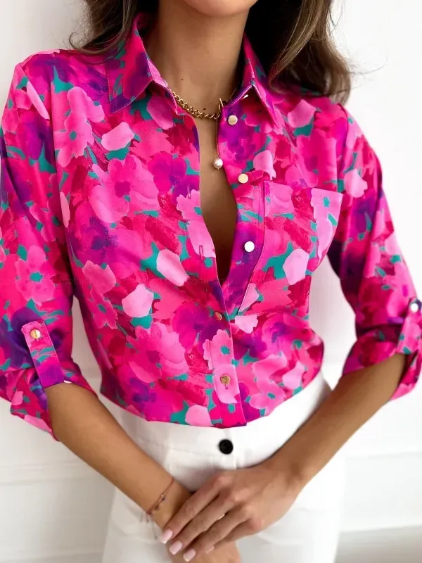 Summer Women Fashion Floral Print Lapel Long Sleeve Shirt - Image 4
